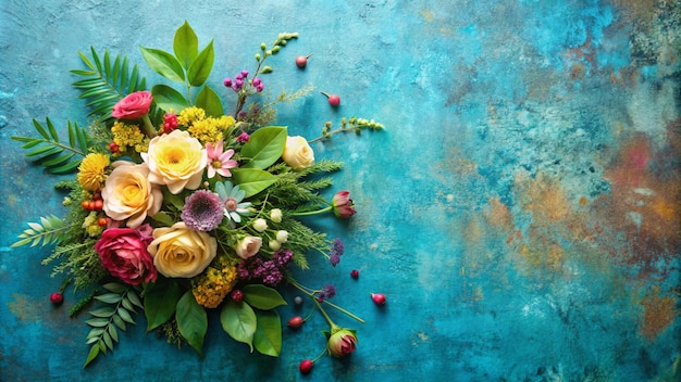 a bouquet of flowers on a blue background with a pink flower