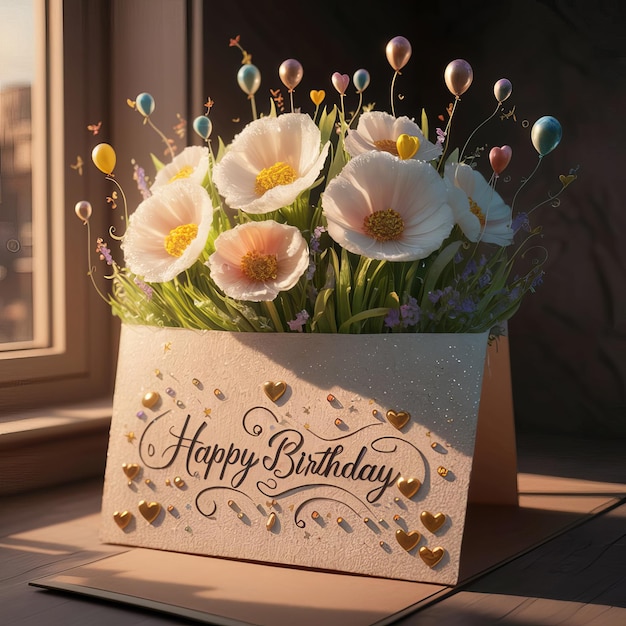 a bouquet of flowers in a box with a happy birthday card on it