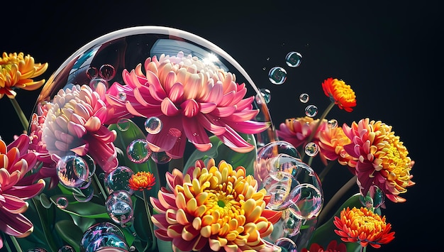 Photo a bouquet of flowers in a bubble bubble