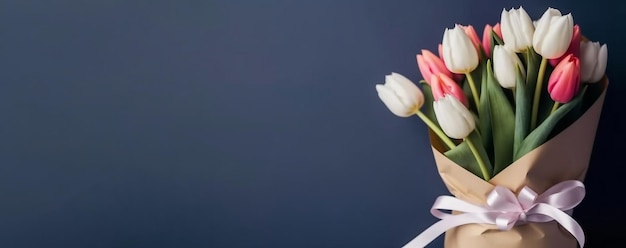 A bouquet of flowers on a cake with a blue background