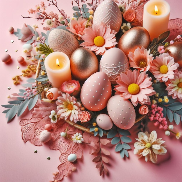 A bouquet of flowers and a candle is displayed in a pink background