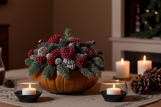 a bouquet of flowers and candles on a table with candles