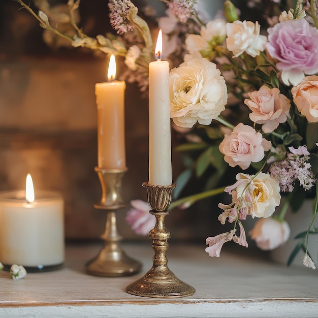 Photo a bouquet of flowers and candles with a candle in the background