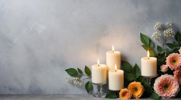 a bouquet of flowers and candles with a wall behind them