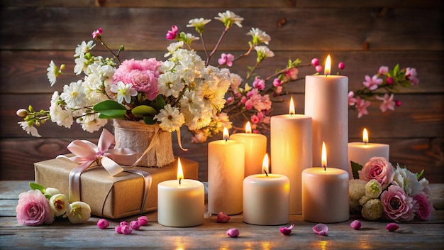 Photo a bouquet of flowers and candles on a wooden background with a bouquet of flowers