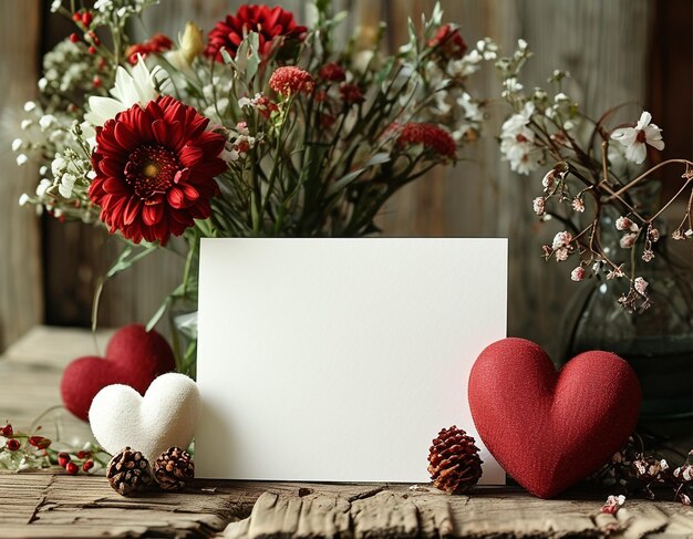 Photo a bouquet of flowers and a card with a heart on it