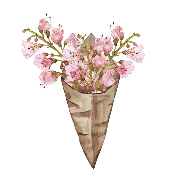 Bouquet of flowers chestnut in a kraft paper bag watercolor illustration High quality illustration