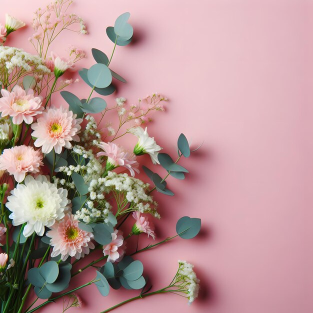 Bouquet of flowers and eucalyptus on pink background