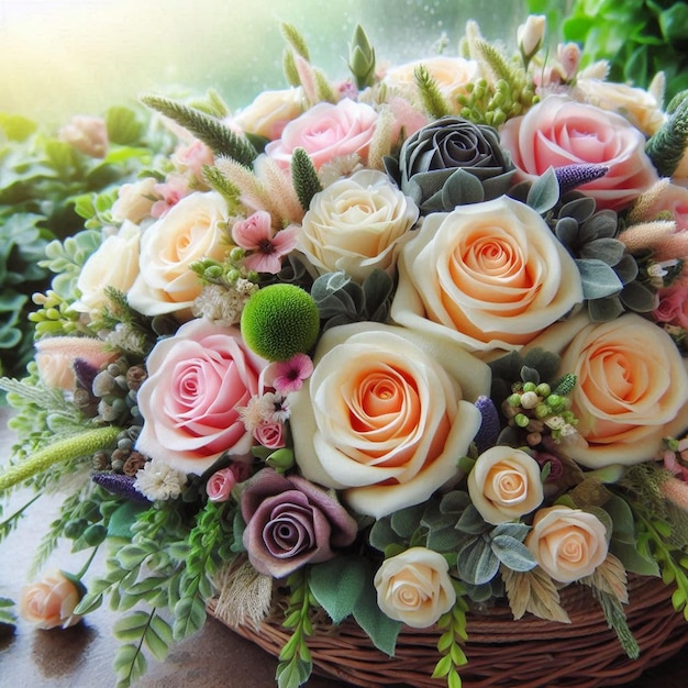 Photo a bouquet of flowers is in a basket with a green one that says quot peach quot