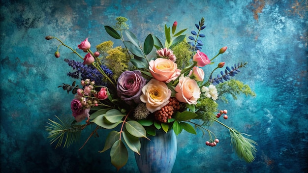 a bouquet of flowers is in a blue vase with a blue background