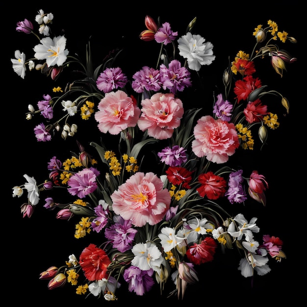 A bouquet of flowers is displayed on a black background.