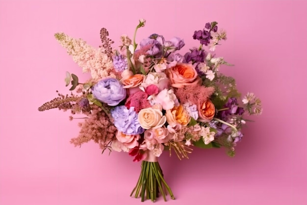 A bouquet of flowers is displayed on a pink background.