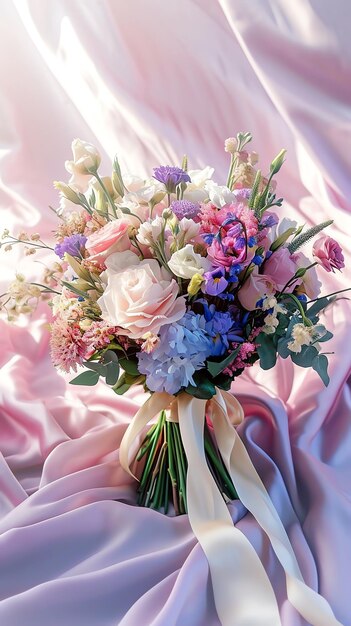 Photo a bouquet of flowers is displayed on a pink cloth