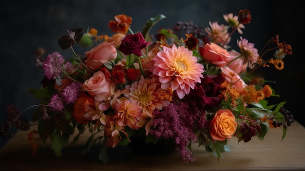 A bouquet of flowers is displayed on a table.