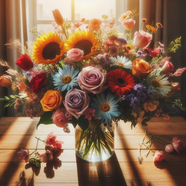 a bouquet of flowers is in front of a window