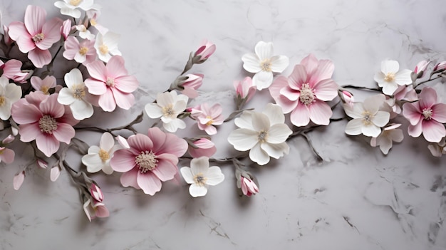 a bouquet of flowers is laying on a marble surface