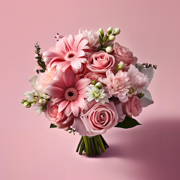 A bouquet of flowers is on a pink background