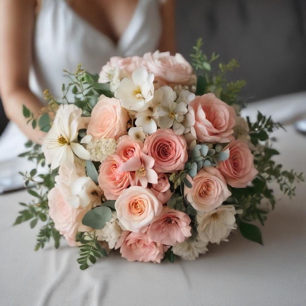 a bouquet of flowers is placed on a table