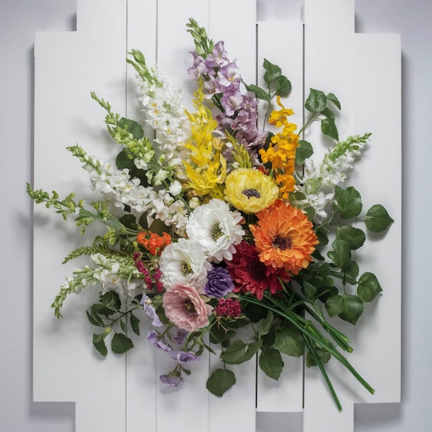 Photo a bouquet of flowers is placed on a white board