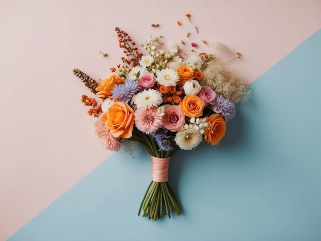 a bouquet of flowers is shown on a blue background