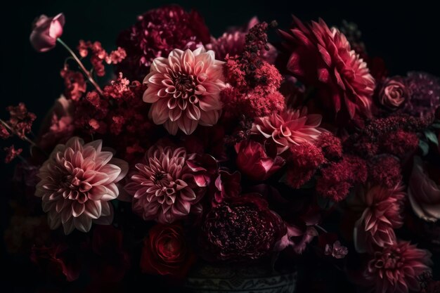 A bouquet of flowers is shown in a dark room.