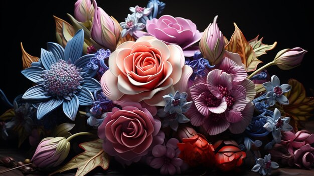 a bouquet of flowers is shown with green blue red and purple flowers