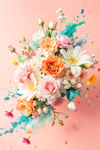 a bouquet of flowers is shown with a pink background