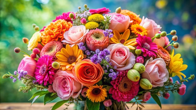 a bouquet of flowers is shown with a pink flower in the center