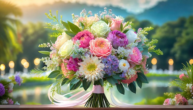 a bouquet of flowers is shown with a sky background