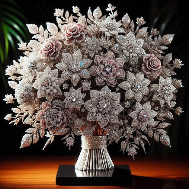 a bouquet of flowers is on a table with a black background