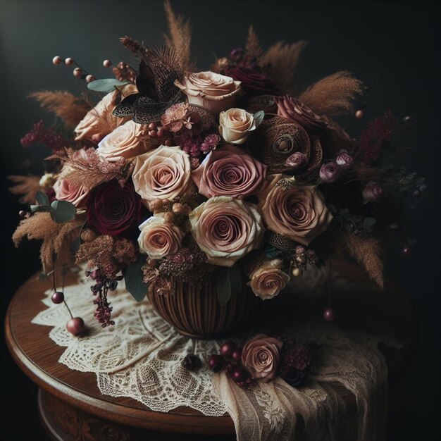 a bouquet of flowers is on a table with a cloth