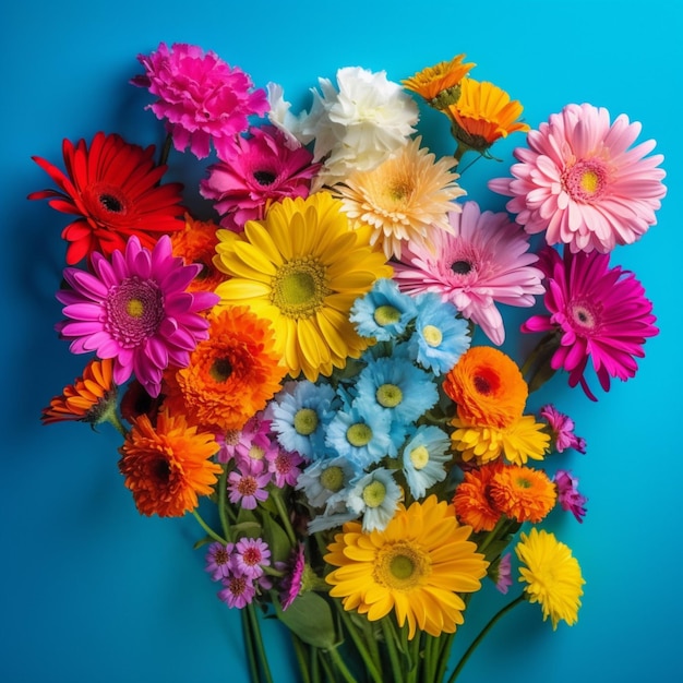 A bouquet of flowers is in a vase on a blue background