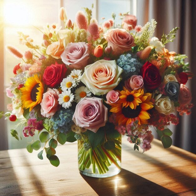 a bouquet of flowers is in a vase on a table