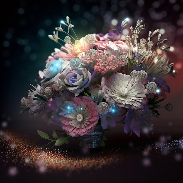 A bouquet of flowers is in a vase with lights on it.