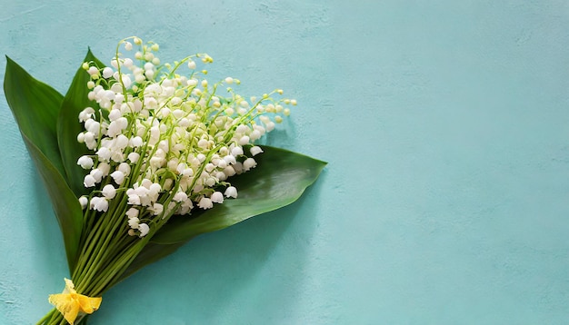 Bouquet of flowers lily of the valley on turquoise background flat lay beautiful vintage card top vi