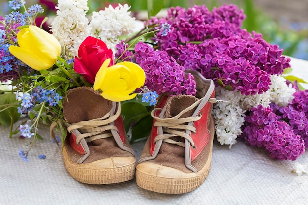 A bouquet of flowers in old shoes Lilac tulips grow out of sneakers Spring flower background