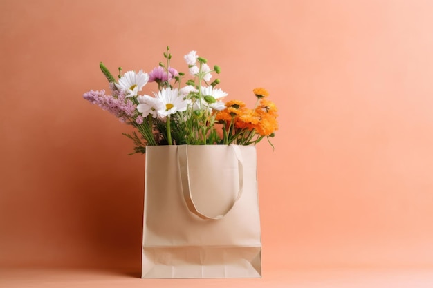 Bouquet of flowers in paper shopping bag eco marketing concept space for text AI generative