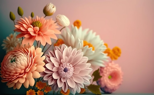 A bouquet of flowers on a pink background