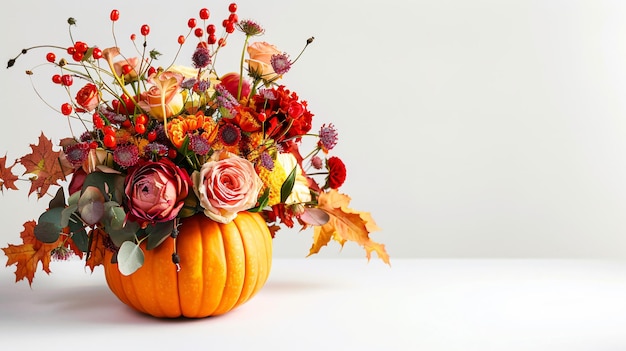 Photo a bouquet of flowers and a pumpkin with a leaf on the top