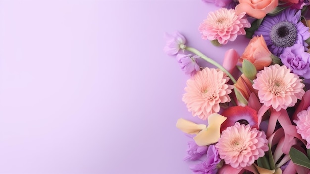 A bouquet of flowers on a purple background with a copy space.