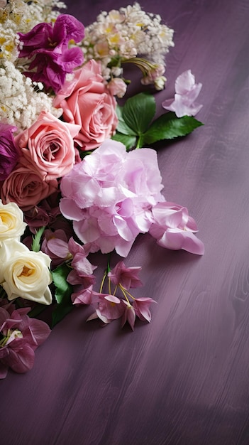 A bouquet of flowers on a purple background