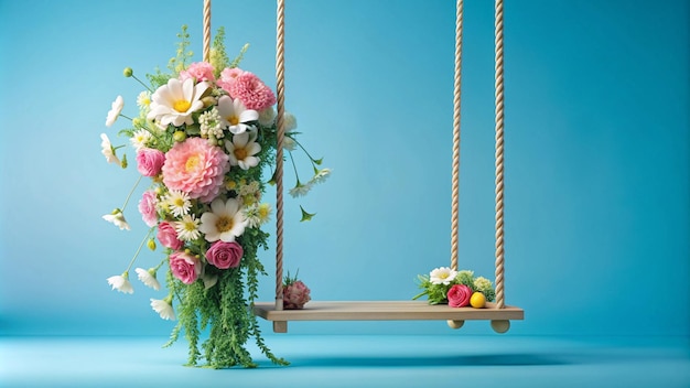 a bouquet of flowers on a rope with a blue background