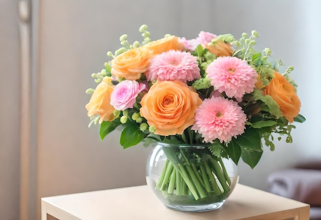 a bouquet of flowers sits on a table in front of a white wall