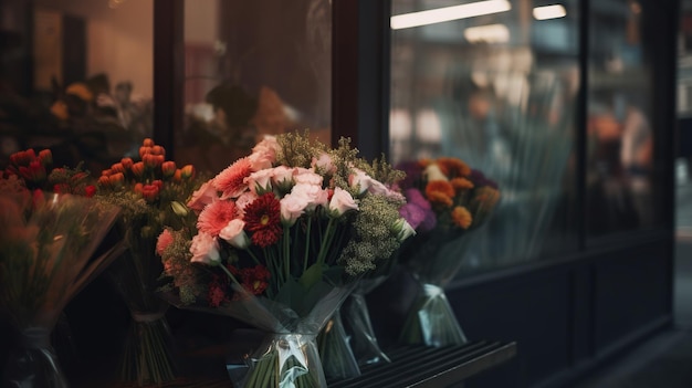 A bouquet of flowers sits on a table in a hotel room.