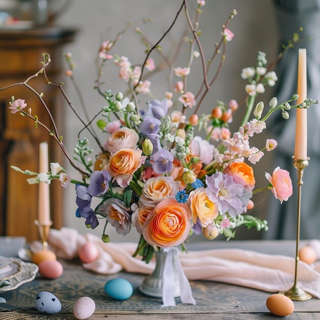 Photo a bouquet of flowers sits on a table with a candle in the middle