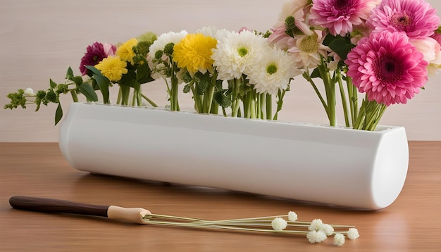 a bouquet of flowers sits in a white vase with a wooden stick