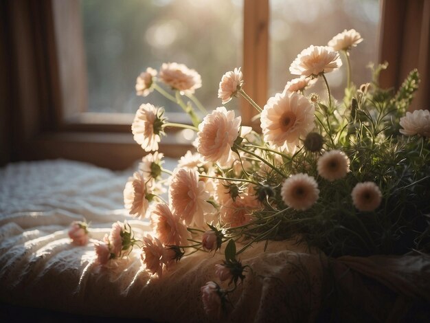 a bouquet of flowers sits on a window sill