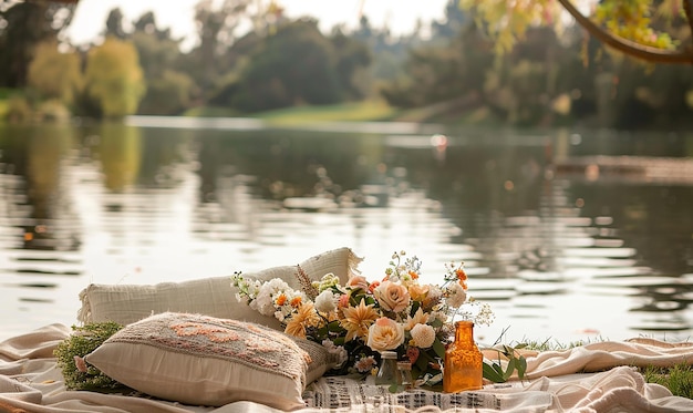 Photo a bouquet of flowers on a table by a lake