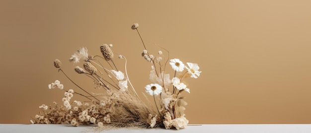 A bouquet of flowers on a table with a brown background.