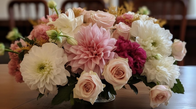 A bouquet of flowers on a table with a pink and white flower.